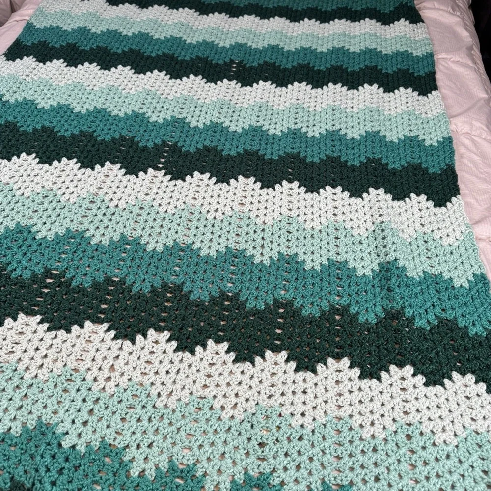 Handmade Turquoise Green Ombre Chevron Crochet Blanket 46